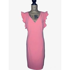 DONNA KARAN DRESS STRETCH MIDI SHEATH BARBIECORE PINK PLUS 16